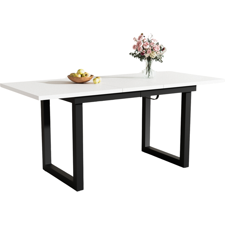 Moderner Esstisch mit Ausziehfunktion und Stahlrohr-Gestell, 80x180x75 cm, Weiß+Schwarz – Bild 6
