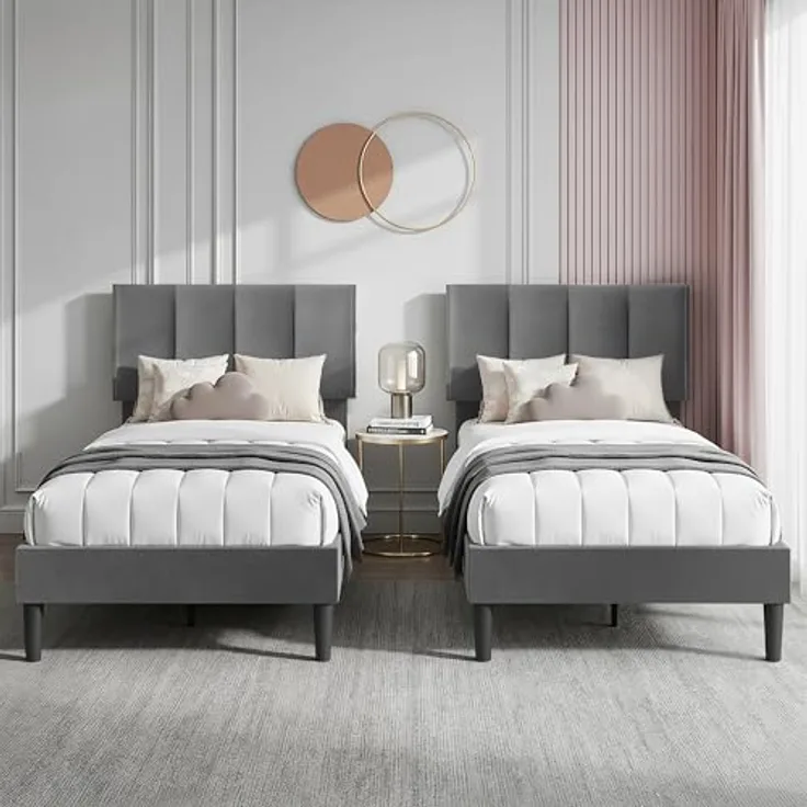 VECELO 2er-Set Polsterbett 90x200 cm, Einzelbett mit Samt-Kopfteil und Lattenrost, hautfreundlich, aus legiertem Stahl, ohne Matratze, Grau