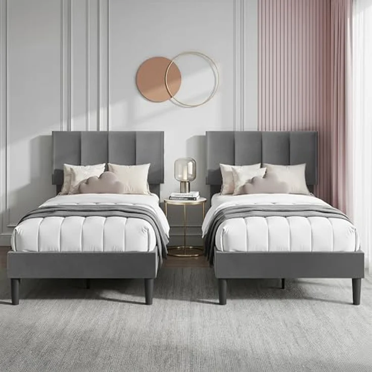 VECELO 2er-Set Polsterbett 90x200 cm, Einzelbett mit Samt-Kopfteil und Lattenrost, hautfreundlich, aus legiertem Stahl, ohne Matratze, Grau – Bild 1