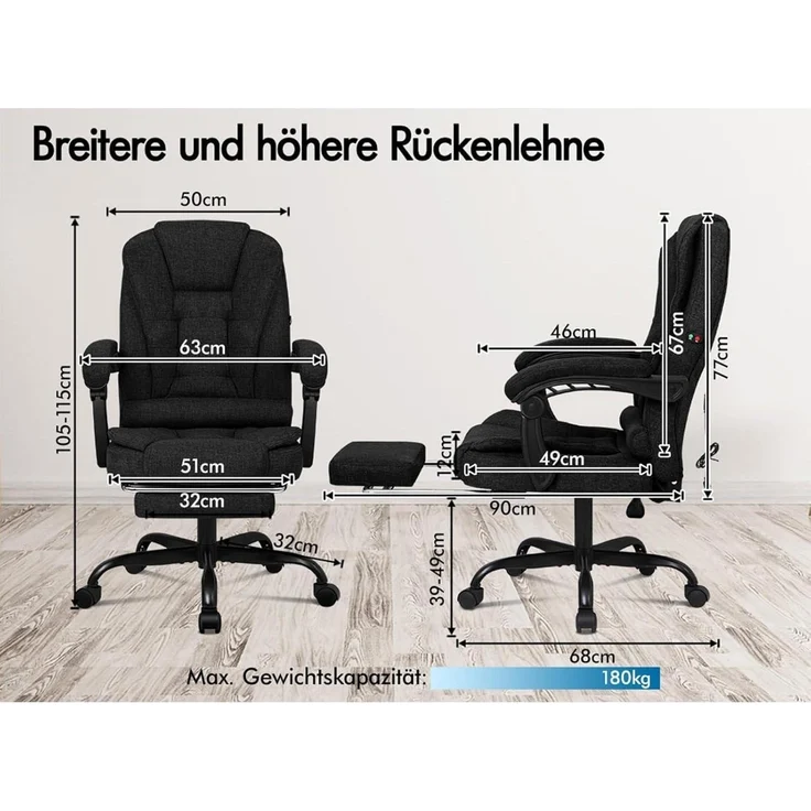 ALFORDSON Bürostuhl Gaming ergonomisch Schwarz Lordosenstütze Massage – Bild 2