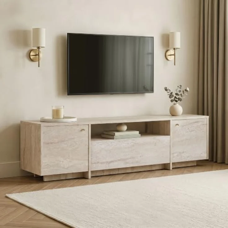 Hanah Home Stilvoller TV-Ständer, Travertin-Optik, 180 x 46 x 35 cm | 100% melaminbeschichtete Spanplatte, Eisengriff | Modernes Design fürs Wohnzimmer – Bild 2