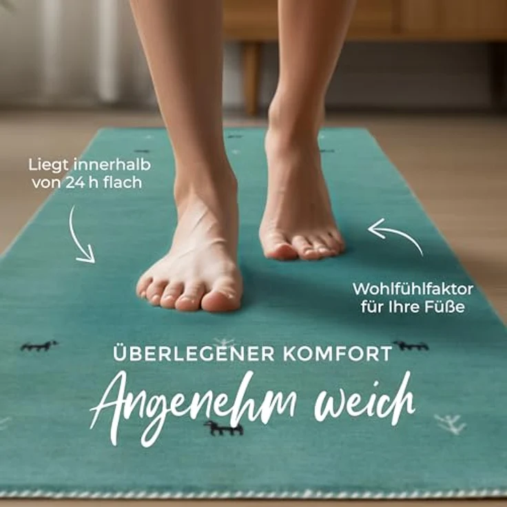 carpetfine 'Gabbeh Uni' Wollteppich, reine Wolle, Türkis, 80 x 300 cm – Bild 5