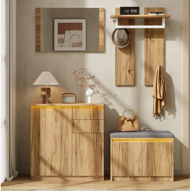 Garderoben-Set 130 x 35 x 124,5 cm mit Spiegel, Schuhbank und Stauraum