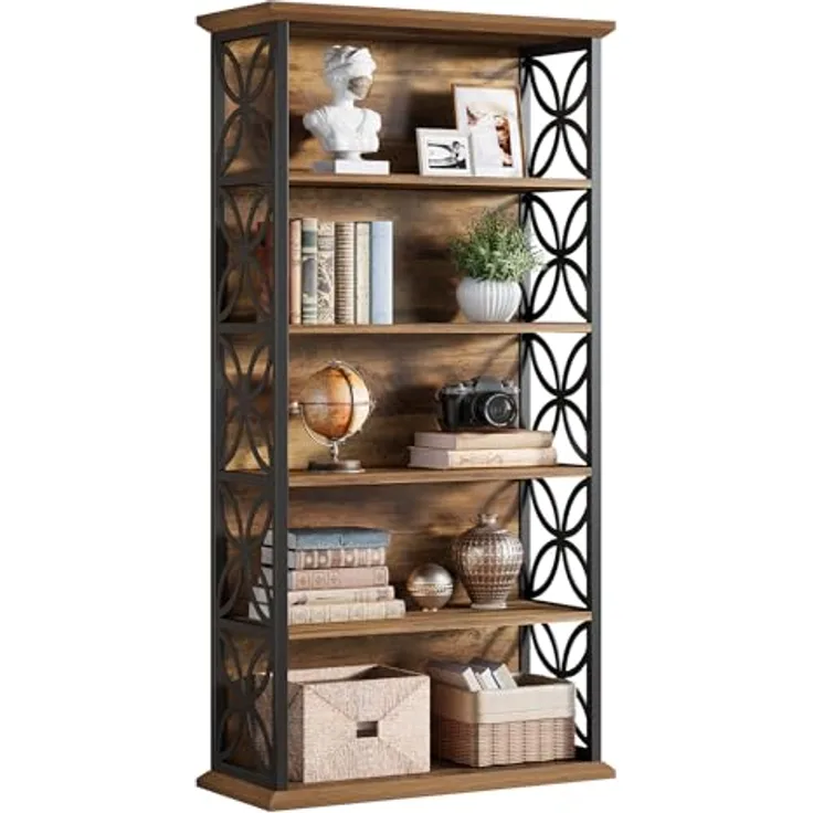 5-stufiges Bücherregal, Industriestil 180 cm hohes Bücherregal für das Wohnzimmer, Braunes Holz-Bücherregal mit schwarzem Metallrahmen, Großes Ausstellungsregal für Küche, Schlafzimmer, Büro