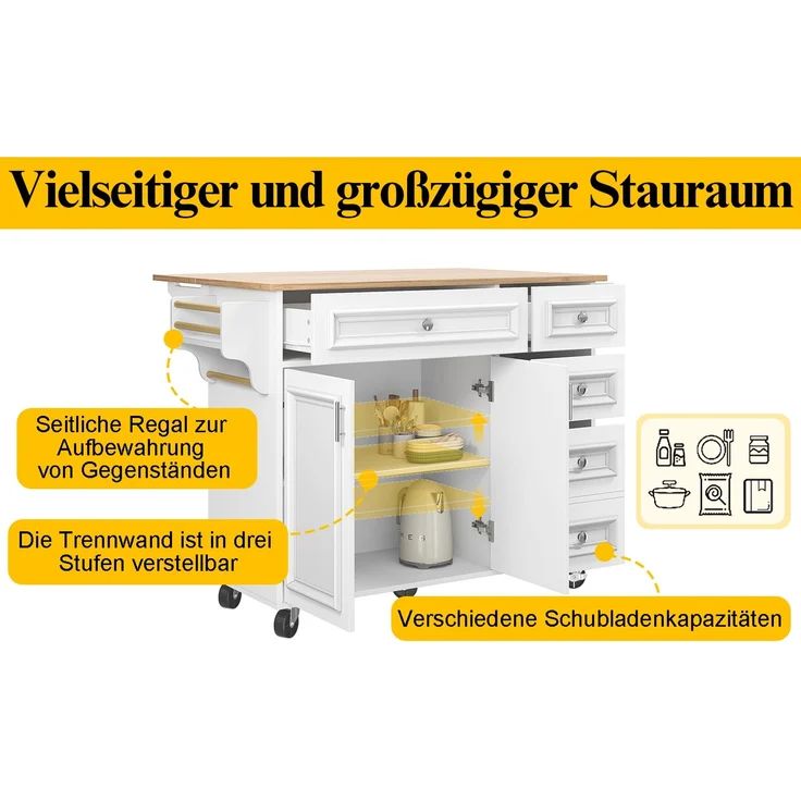 Kücheninsel aus MDF mit klappbarer Tischplatte, 110x45/75x92 cm, Weiß – Bild 5
