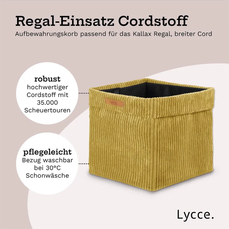 Lycce faltbare Aufbewahrungsbox - Cord, passend für Kallax Regal, abnehmbarer Bezug, robust, formstabil Senfgelb 31x33x33cm – Bild 3