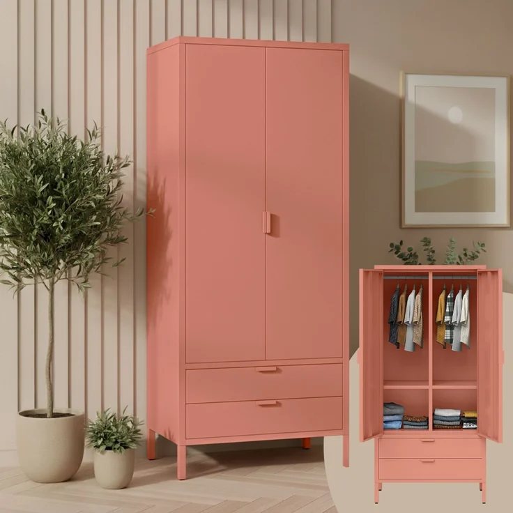 skølm 'Ituri' Kleiderschrank mit 2 Schubladen, Metall, 170x45x80 cm, terrakotta, Garderobe mit 4 Fächern und 2 Kleiderstangen – Bild 1