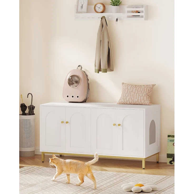 Katzenschrank für 2 Katzen, 119cm Versteckte Katzentoilettenmöbel, Hölzernes Haustierhaus, Aufbewahrungsschrankbank, Passend für die Meisten Katzentoilettenkä, Weiß und Gold – Bild 1