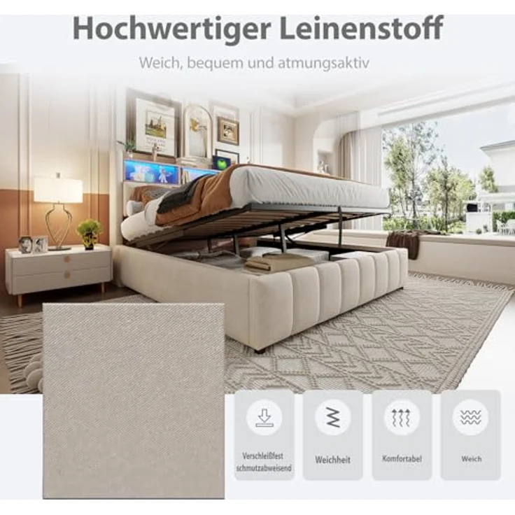 Ball & Cast Polsterbett (180x200 cm) mit USB-Anschluss und Lichtleiste, Hydraulische Lagerfunktion + Weicher Kantenschutz, Einfach & Zeitsparend Montierbar, Leinenstoff Beige – Bild 11