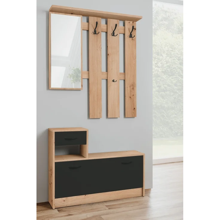 Kompaktgarderobe >Rudolf< in Artisan Eiche Dekor / Schwarz - 100x180x25 (BxHxT) – Bild 2