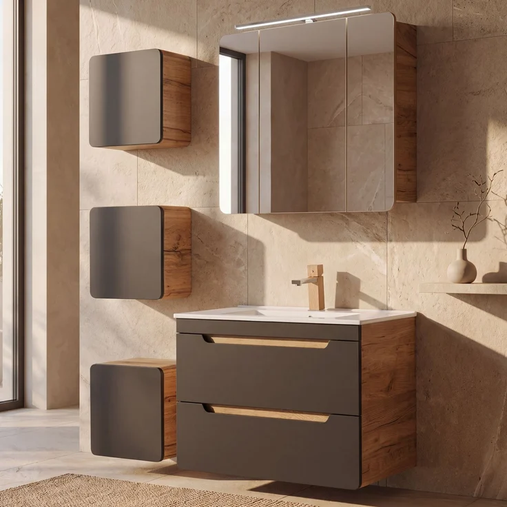 Badmöbel Set in seidenmatt anthrazit mit Wotan Eiche Nb. NEW-LUTON mit 81 cm Keramik-Waschtisch & LED-Spiegelschrank, B/H/T ca. 130/200/46 cm – Bild 1