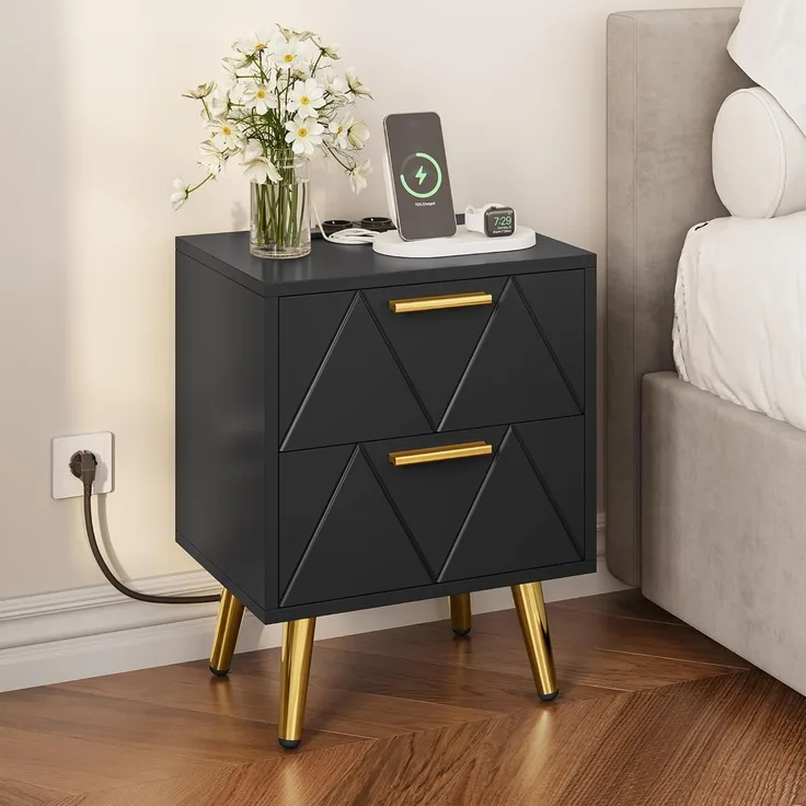 YITAHOME Nachttisch mit 2 Schubladen, 2 USB-Anschlüssen und Steckdosen, Nachtkommode mit Goldenen Metallbeinen und Griffen, Beistelltisch mit Stauraum für Wohnzimmer, Schlafzimmer, 40 x 30 x 52 cm, Schwarz