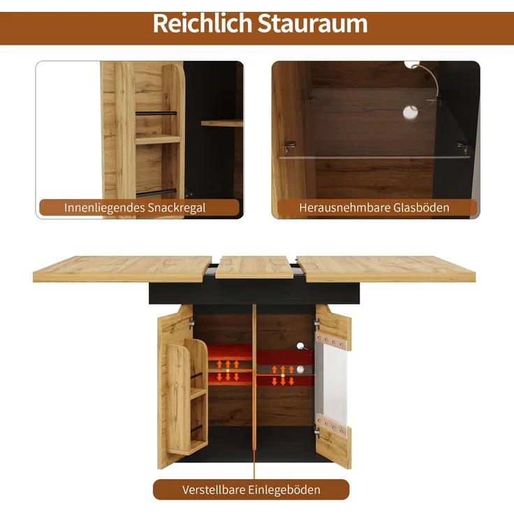 Esstisch Teleskoptisch(110-140×80cm), klappbarer Küchentisch für 4-6 Personen, Ausziehbarer Esstisch ,platzsparender Küchentisch, Tisch mit LED-Beleuchtung und Snackablage Schranktüren – Bild 7