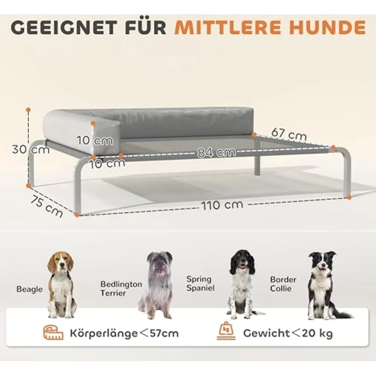 PawHut Tierbett mit L-förmige Kissen, rutschfesten Füßen, Polyester, für Mittelgroße Hunde, für Draußen Camping 110 x 75 x 30 cm, Hellgrau – Bild 7