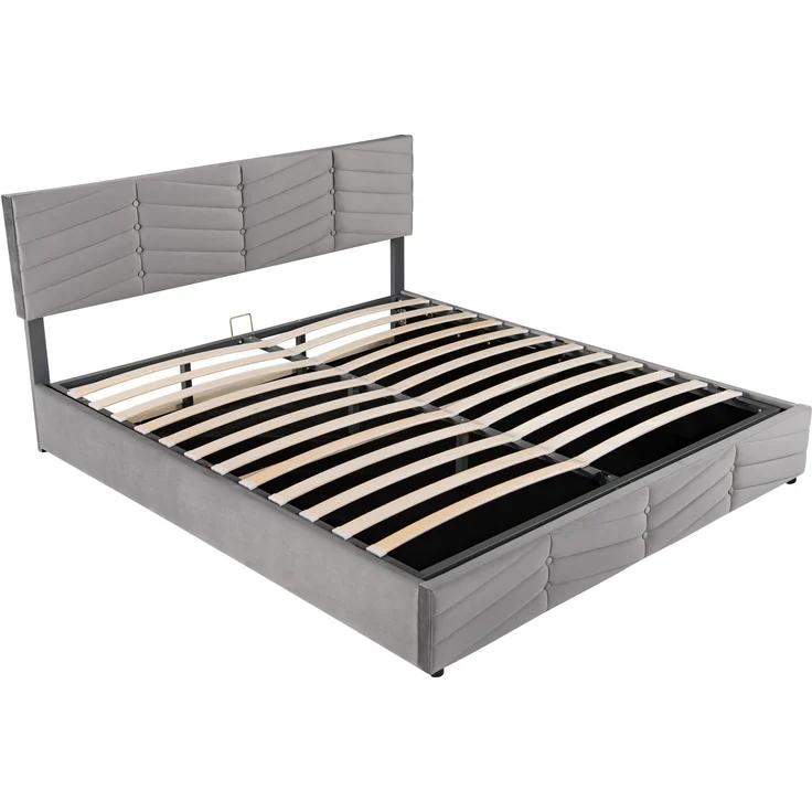 Novelux Polsterbett 180x200 cm mit Stauraum und Lattenrost – hydraulisches Samtbett in Grau, Doppelbett mit höhenverstellbarem Kopfteil – Bild 9