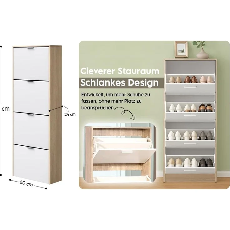 habeig Schuhkipper Schuhschrank Holz mit 4 Klappen, 164x60x24cm, 16 Paar Schuhe, 164 cm hoch – Bild 3