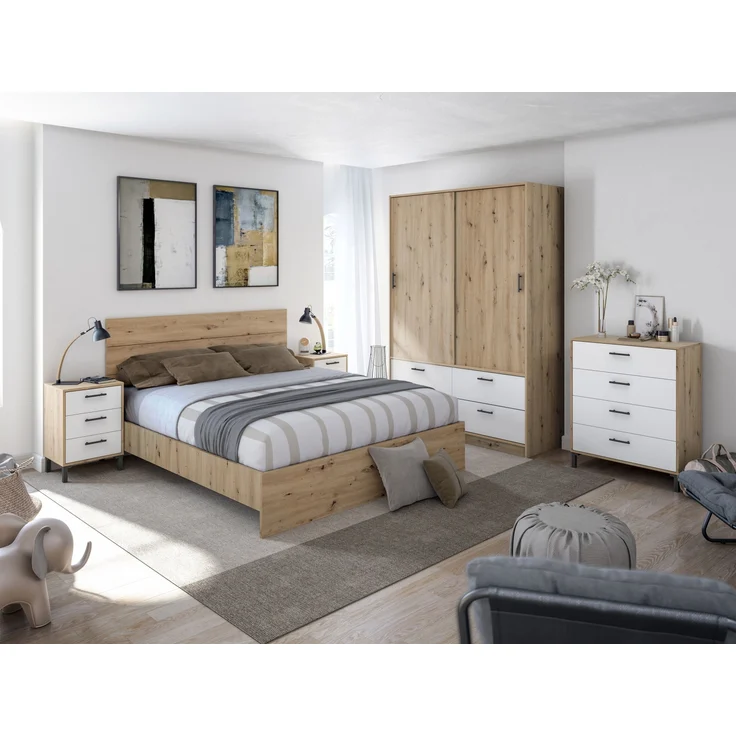 Schlafzimmer-Set >ENZO< (5-teilig) in Nodi Eiche Dekor / Artik Weiß, Bett, Nachtkonsole, Kommode – Bild 1