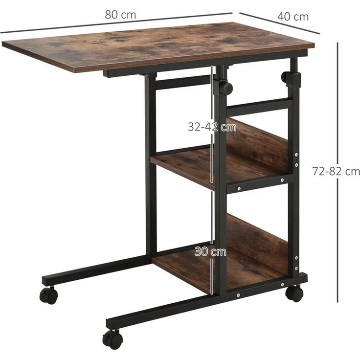 HOMCOM Beistelltisch Couchtisch mit Rollen, Höhenverstellbarer Schreibtisch mit 2 unteren Regalen, Sofatisch Laptoptisch, Betttisch, für Esszimmer Wohnzimmer, Metall, Rustikal-Braun, 80 x 40 x 72-82 cm – Bild 2