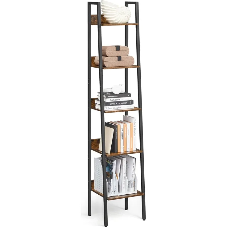 Vasagle Bücherregal, Leiterregal mit 5 Ablagen, offen, Standregal, schmal, für Wohnzimmer, Schlafzimmer, Küche, Büro, Metallgestell, Industrie-Design, vintagebraun-schwarz LLS109B01