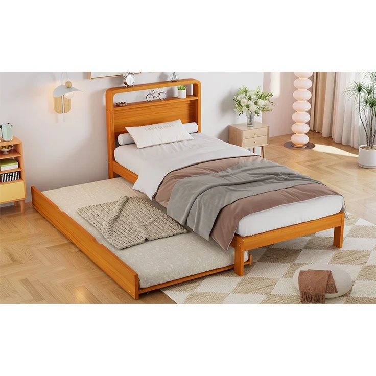 ZUBALIYA Bettgestell Holzbett 90x200 cm mit Ausziehbett 90x190 cm, Funktionsbett mit links/rechts montierbarem Gästebett, abgerundetem Kopfteil und platzsparendem Design, Natur – Bild 12