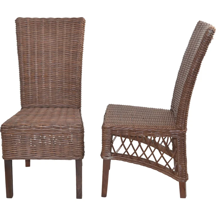 Rattanstühle/Esszimmerstühle 2er-Set, handgeflochten, braun, inkl. Kissen schwarz – Bild 4