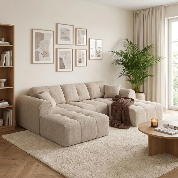 skølm 'Vanaheim' Sofa 3 Sitzer mit 2 Hocker & 2 Kissen, Cloud Sofa beige, Chenille-Stoff, Vollschaumcouch mit Federkern und Vakuum-Kompression, kein Aufbau erforderlich – Bild 5