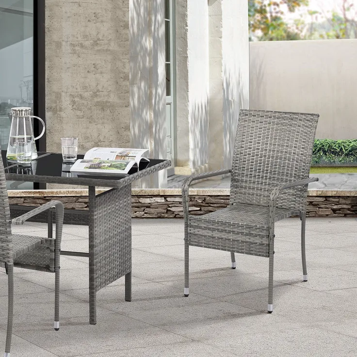 Juskys Polyrattan Gartenstühle Yoro 4er Set - mit Armlehnen & Rückenlehne - 4 Stühle stapelbar - Rattan Stuhl Garten - Stapelstuhl Grau-meliert