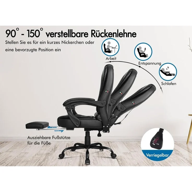 Ergonomischer Bürostuhl Leder Schwarz Massage Lordosenstütze – Bild 4