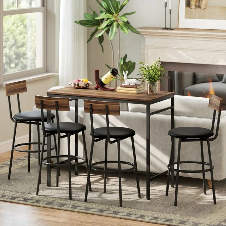 5-teiliges Bartisch-Set mit 4 Stühlen, Industrielles Design, für Küche, Esszimmer, Holz, Stahl, Braun--Braun--110x55x90cm--YOUDENOVA – Bild 6