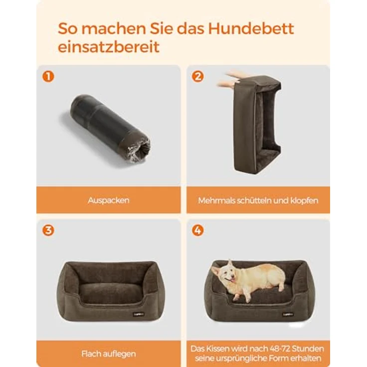 Feandrea Hundebett, Hundekissen in Leinenoptik, Hundekorb, erhöhte Ränder, rutschfeste Unterseite, Bezug abnehmbar waschbar, L, für mittelgroße Hunde, 90 x 75 x 25 cm, braun PGW11CC – Bild 9