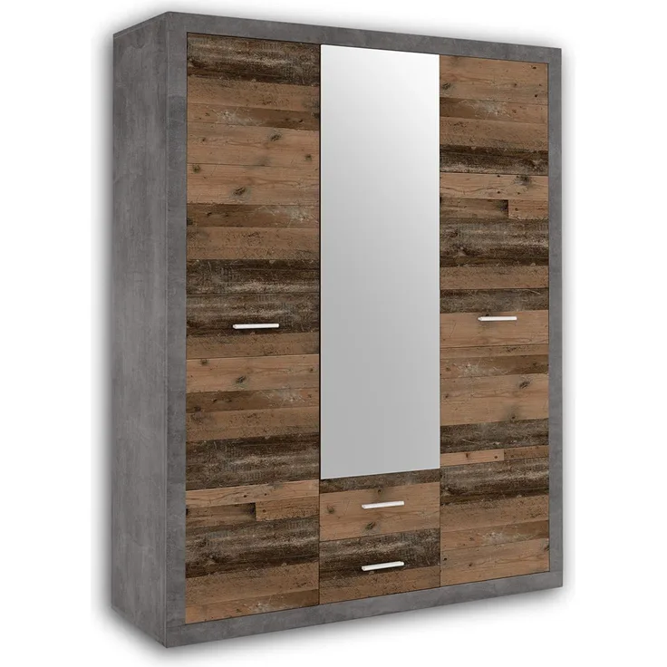 Stella Trading Stone Eleganter Kleiderschrank mit viel Stauraum und Spiegeltür - Vielseitiger Drehtürenschrank in Old Style Optik und Betonoxid - 151 x 198 x 55 cm (B/H/T)