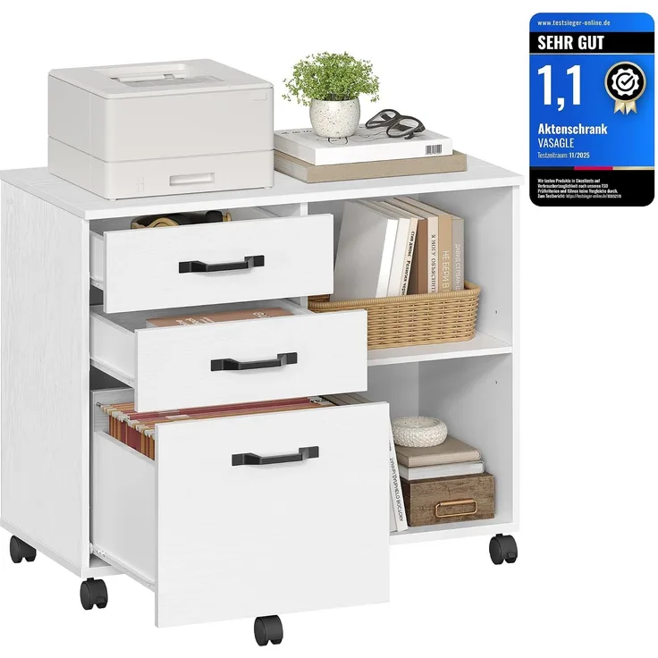 VASAGLE Aktenschrank, Rollcontainer, frei beweglich, mit Rollen und 3 Schubladen, für Dokumente in DIN A4, Letter-Format, Druckerständer, Industriestil, Weiß von SONGMICS OFC041W01