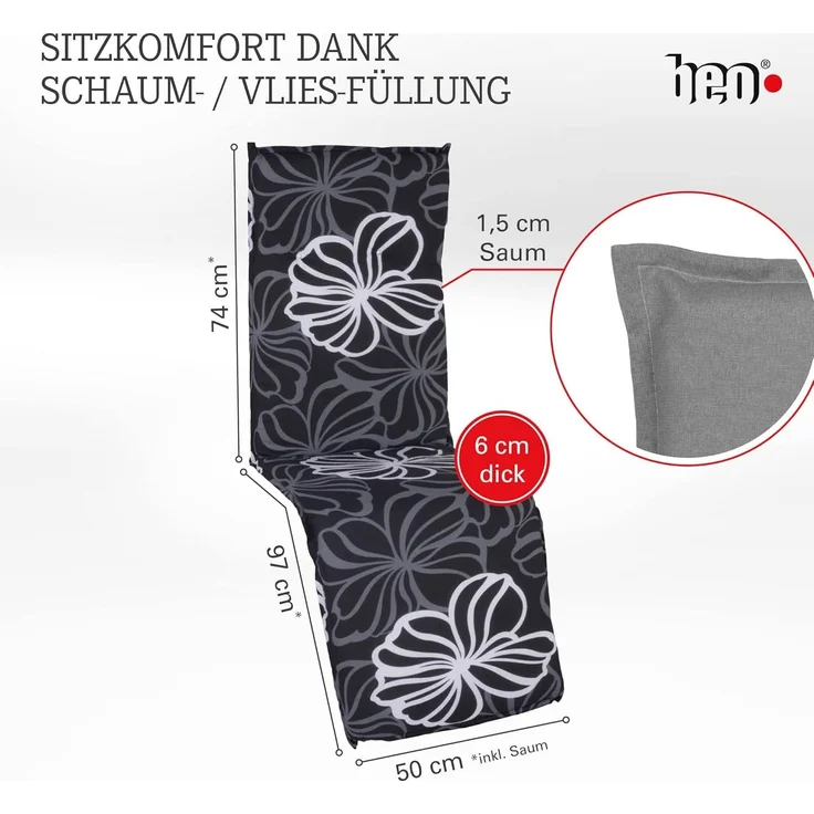 Beo Relaxsessel Auflage UV-beständig Barcelona | Made in EU nach Öko-Tex Standard | Waschbare Relaxstuhl Auflage mit Gummi-Halteband | Atmungsaktive Liegestuhl Auflage mit grauen Blüten – Bild 2