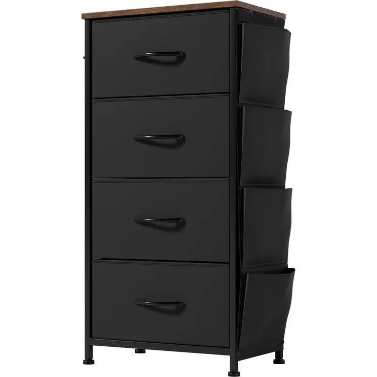 YITAHOME Kommode,Kommode mit 4 Schubladen,Kommodenschrank mit Haken und Seitentaschen,Stoffschubladen mit Griffen,Metallgestell,Dauerhaft,Schwarz