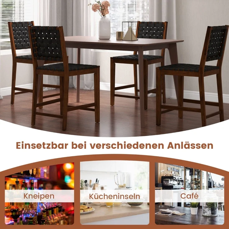 2er Set Esszimmerstühle mit Gewebter Rückenlehne Holzstuhl bis 150 kg Belastbar Schwarz – Bild 3
