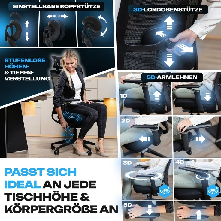 VALKENSTOL M4 Bürostuhl Ergonomisch Testsieger mit 5D Armlehnen und Kopfstütze für maximale Bewegungsfreiheit, Bequeme und Rückenfreundliche Bürostühle, Schreibtischstuhl, Home Office Chair – Bild 4