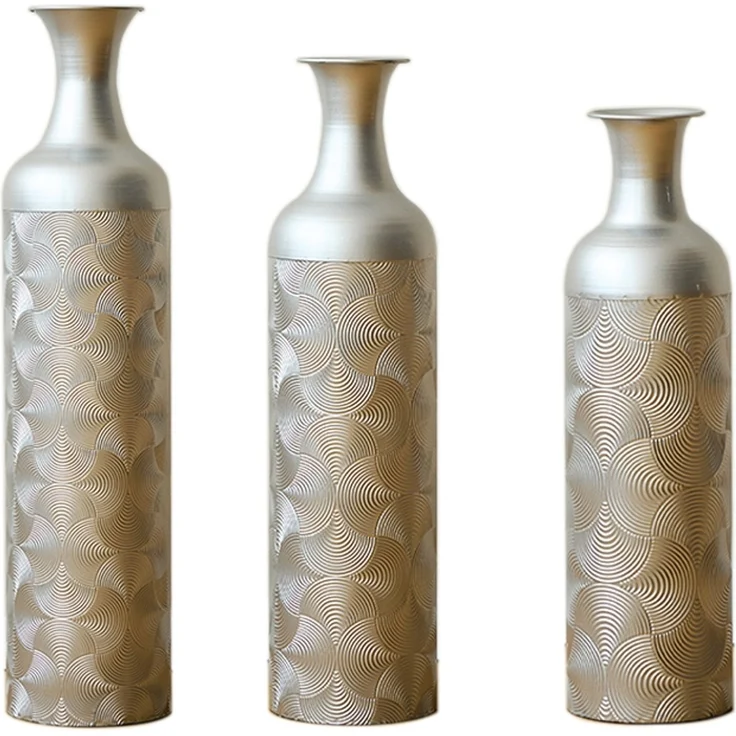 LVHOM 3er Set Bodenvase, Große Vasen aus Metall mit Rillenmuster, Dekovase für Trockenblumen, Höhen 50/66/83 cm, Vasen Set für Wohnzimmer, Flur und Büro, Silber – Bild 2