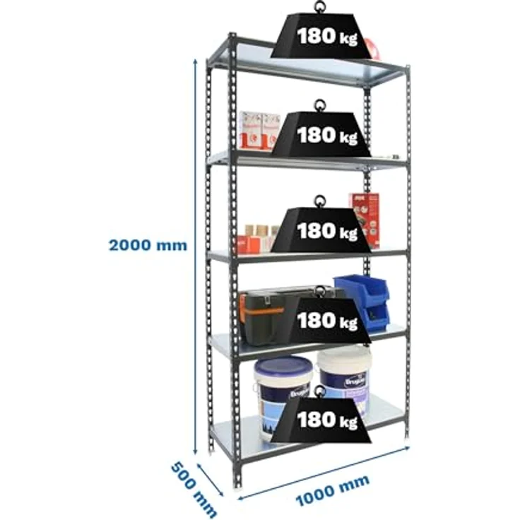 Simonrack Schwerlastregal, Lagerregal, 200 x 100 x 50 cm, Metallregal, Kellerregal, Biegestelle 180 kg, 5 Fachböden, Anthrazit/Verzinkt - Simonclick – Bild 3