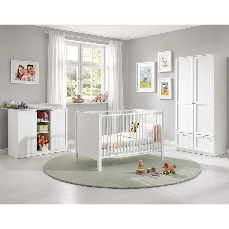 Babyzimmer-Set Kinderzimmer Babybett Wickelkommode Kleiderschrank+Schubl. 90 cm Weiß – Bild 1