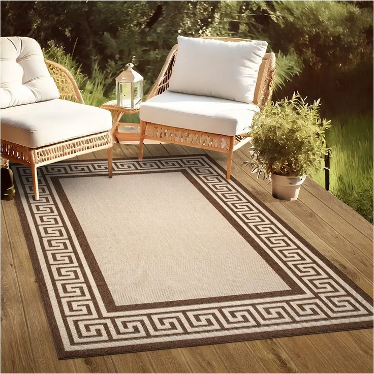 oKu-Tex Outdoorteppich PLUTUS In- & Outdoor Teppich, Flachgewebe, Sisaloptik, rechteckig, Höhe: 3 mm, griechische Bordüre, UV-Resistent, Terrasse, Küche, Bad, Grau-Schwarz