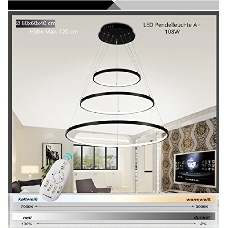 Eurotondisplay LED Pendelleuchte 2130Black, 3 Ringe 40*60*80cm, 108W mit Fernbedienung, dimmbar, schwarz – Bild 2