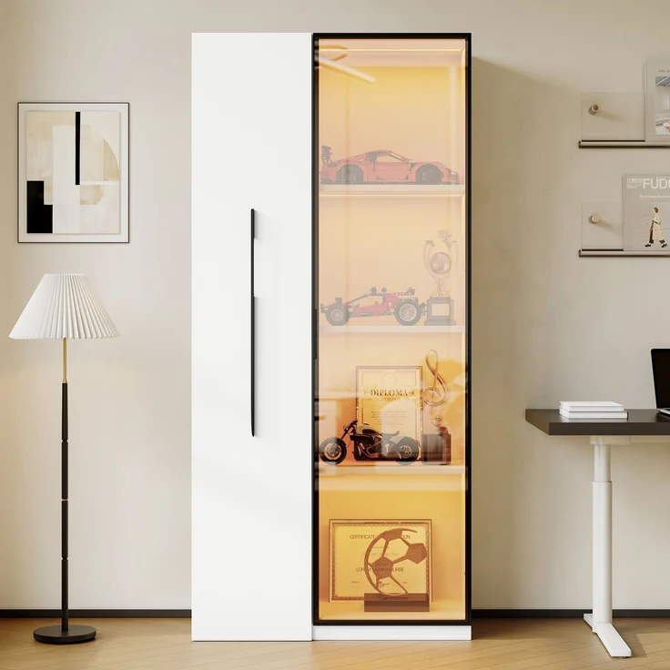ZUBALIYA Multifunktionsschrank 160 cm hoch – Bücherregal und Vitrine mit Türen aus gehärtetem Glas, Türrahmen aus Aluminium, 1 Tür, 1 seitliche Schublade, mit Rollen und LED-Beleuchtung – Vitrine, Esszimmersch – Bild 3