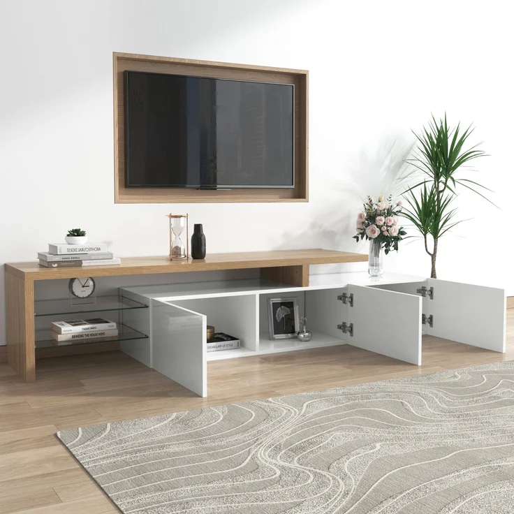 TV-Schrank 197,5 cm Weiß Hochglanz Holzoptik mit LED Beleuchtung, Lowboard mit Stauraum und Glasböden – Bild 6