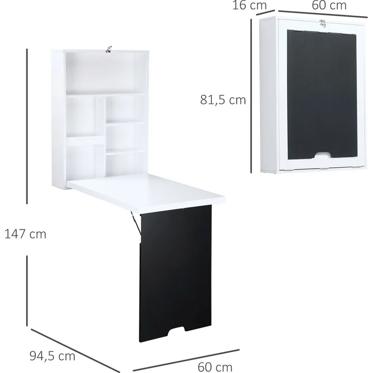 Wandschreibtisch 94,5x60x147 cm aus MDF, klappbar mit 5 Fächern und Schreibtafel – Bild 3