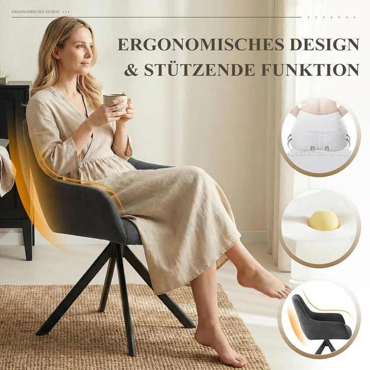 COLAMY Drehbare Esszimmerstühle 6er Set, Esszimmerstühle Drehbar mit Armlehne, Armlehnstuhl Drehbar mit Rückenlehne für Esszimmer, Stühle aus Weichem Florstoff mit Metallgestell für Küche, Grau – Bild 6