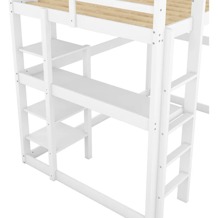 Hochbett 140x200 cm mit Schreibtisch und 4 Ablagefächern, Kinderbett Doppelbett aus massivem Kiefernholz,mit Stauraum,Weiß – Bild 9
