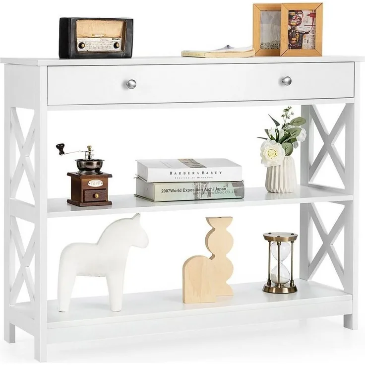 COSTWAY 3 Ebenen Konsolentisch mit Schublade, Flurtisch aus Holz, Standregal, Beistelltisch für Eingang, Wohnzimmer und Schlafzimmer, 100 x 30 x 80 cm (Weiß)