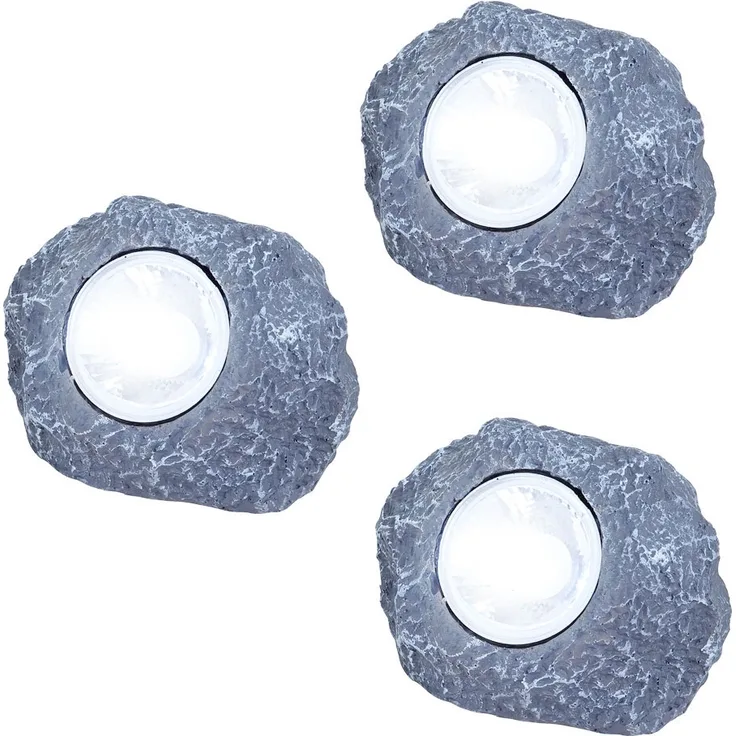 3x LED Solarleuchte Stein grau, Außendeko