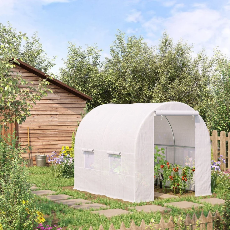 Wohnora-5 m² großes Gartentunnelgewächshaus mit Tür und 4 Fenstern, 140 g/m² PE-Folie, 245 x 200 x 200 cm, weiß,H 2000cm x T 1550cm x B 2000cm – Bild 2