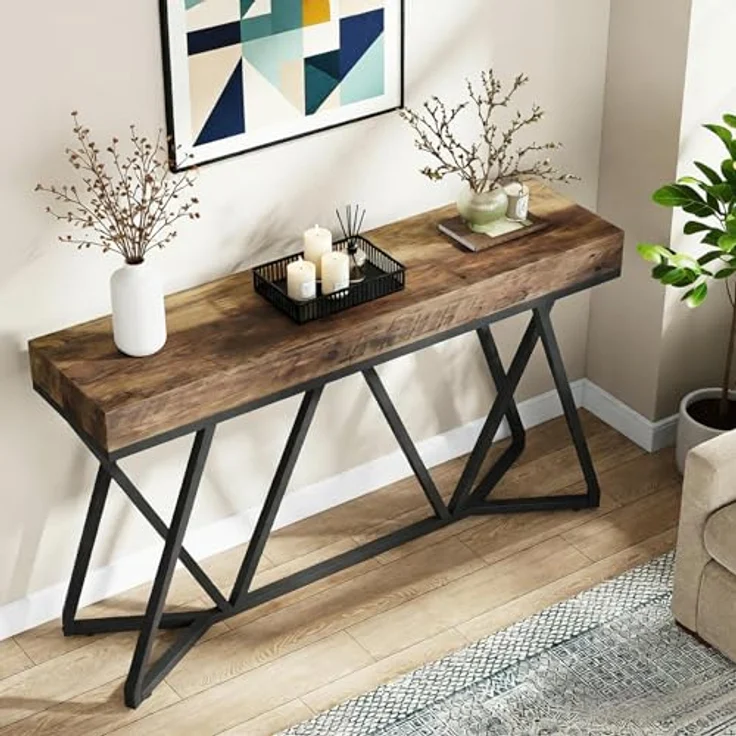 LITTLE TREE Konsolentisch mit Metallgestell, 140 cm Sofatisch im Industrial Landhausstil, Hoher Eintrittstisch für Flur & Wohnzimmer, Rustikale Holzoptik, Stabile Konstruktion, Rustikales Braun – Bild 4